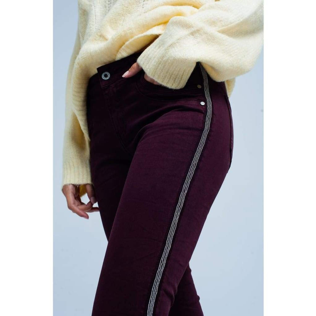 Bordeaux Skinny Jeans with Metal Side Stripe