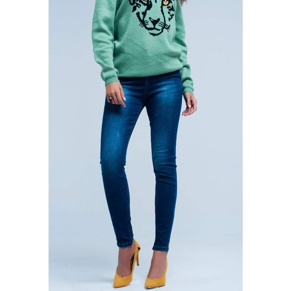 Dark Blue Little Ripped Skinny High Waist Jeans