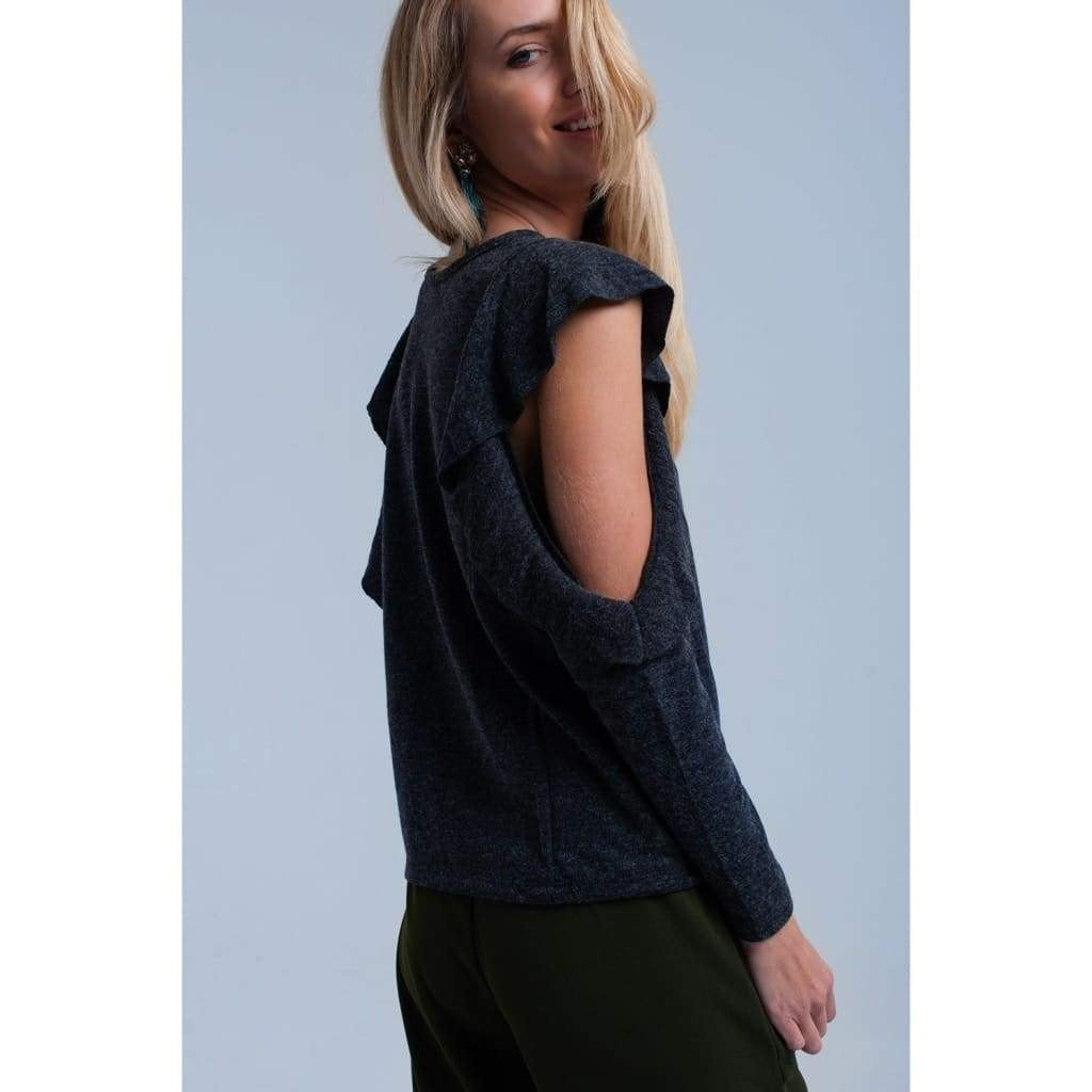 Dark Gray Ruffle and Open Detail Top
